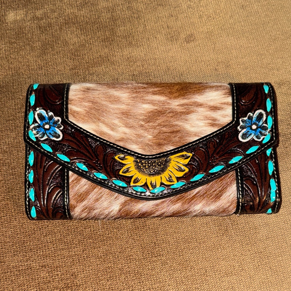Brown and Turquoise Embroidered Women's Clutch